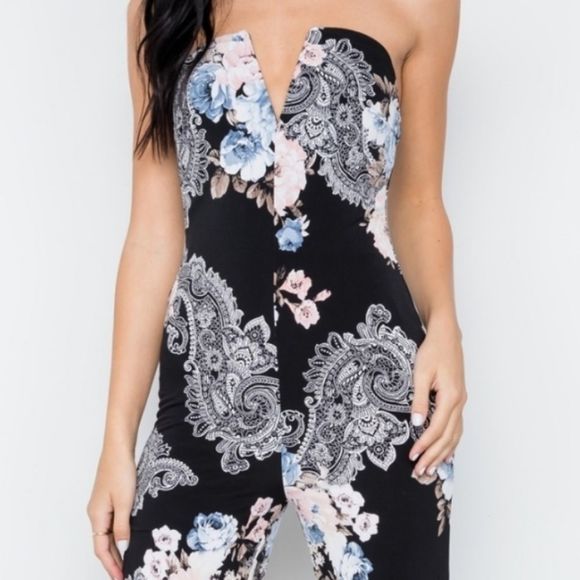 Black Floral Strapless Jumpsuit - Picture 3 of 8